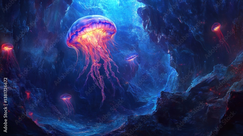 Radiant neon jellyfish dance gracefully through the enchanting deep-sea landscape