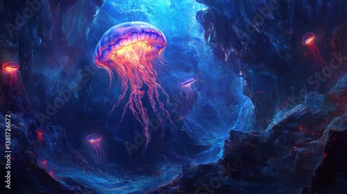 Obraz na płótnie Radiant neon jellyfish dance gracefully through the enchanting deep-sea landscape w salonie