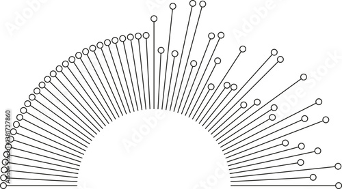 Irregular rays with outline circles at the ends radiating from a semicircle covering only one quarter of the circumference.