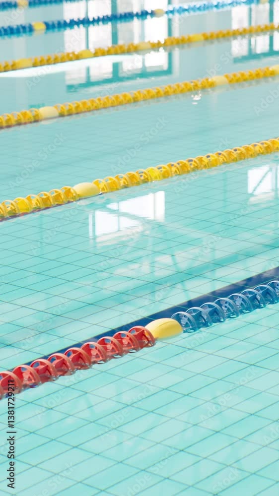 Indoor, empty and swimming pool for professional sport with race lines, competition and fitness with reflection. Training arena, facility and float divider for exercise, challenge and aquatic lesson