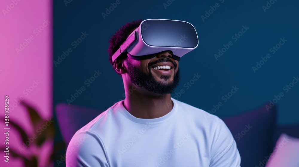 Young man experiencing immersive technology with virtual reality headset in a colorful modern room Young man experiencing immersive technology with virtual reality headset in a colorful modern room