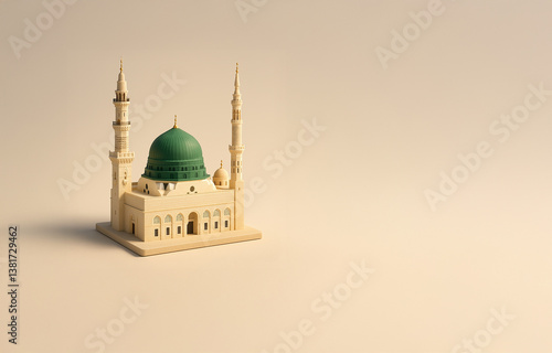 masjid nabawi 3d view, islamic architecture, cream background isolated and text area