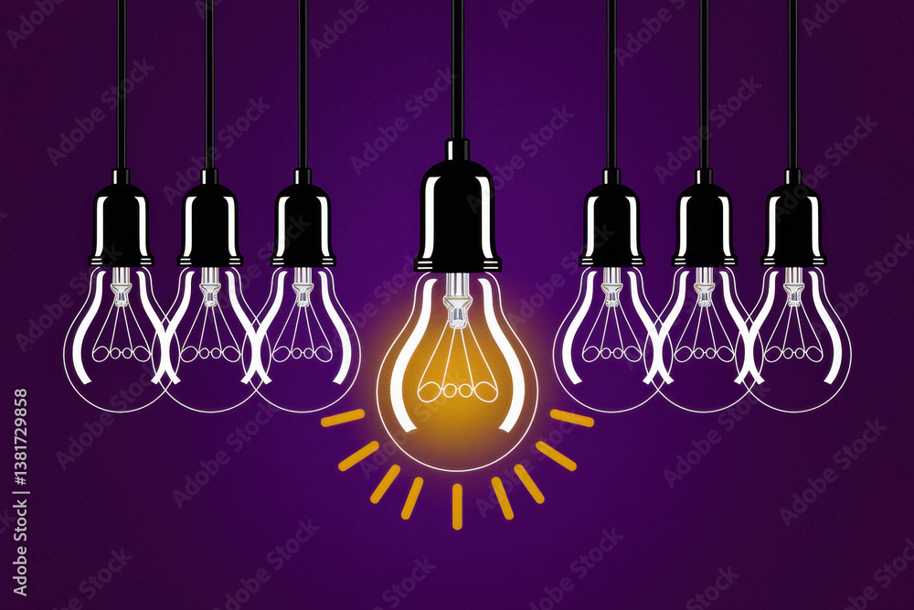Innovative Concept of Creativity with One Bright Lightbulb Among Dim Bulbs on Purple Background Innovative Concept of Creativity with One Bright Lightbulb Among Dim Bulbs on Purple Background