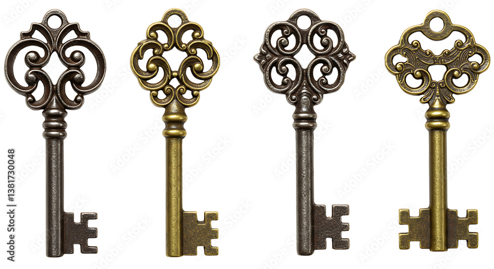 Obraz premium Antique Metal Keys Collection Isolated on White Background Represents Security Concept