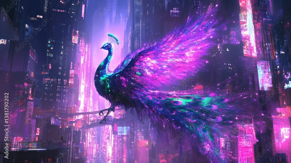 Futuristic peacock in a cyberpunk city, digital art illustration, fantasy concept