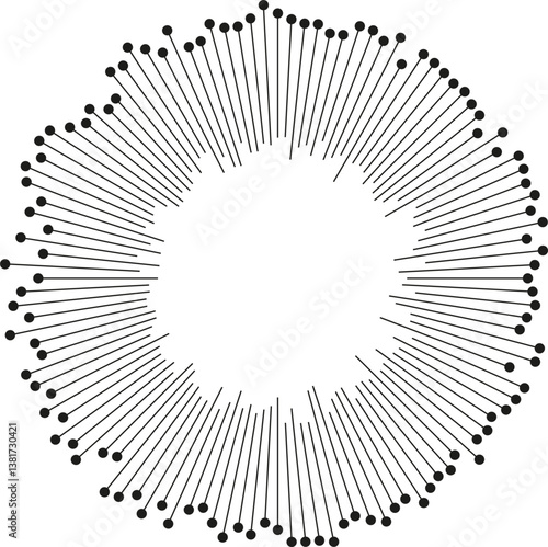 Irregular rays with dots at the ends radiating inside and outside