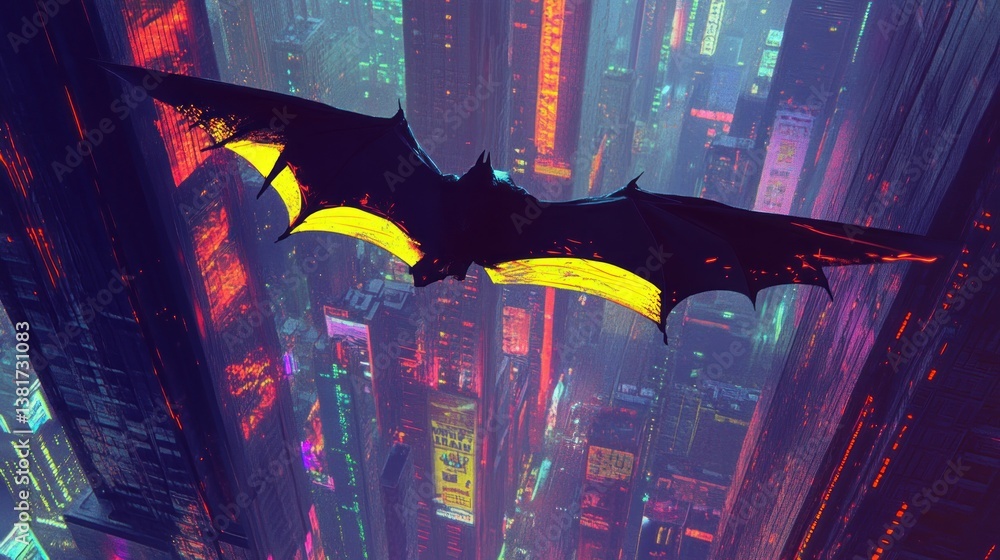 Neon Guardian soars over a vibrant digital city at twilight casting long shadows