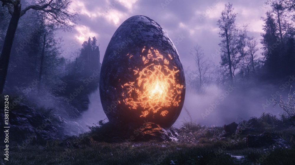 Mystical egg emits a vibrant arcane glow in a tranquil, enchanted forest landscape