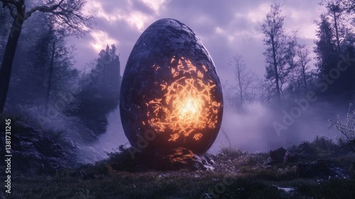 Obraz na płótnie Mystical egg emits a vibrant arcane glow in a tranquil, enchanted forest landscape w salonie