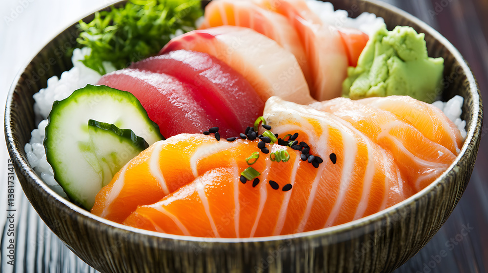 A sushi bowl with fresh sashimi sushi rice seaweed and spicy wasabi mayo. A sushi bowl with fresh sashimi sushi rice seaweed and spicy wasabi mayo.