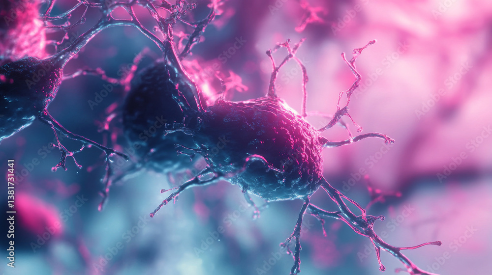 Futuristic scientific visualization of stem cells and microbiological structures in a medical context, enhanced with blur effects and viral imagery Futuristic scientific visualization of stem cells and microbiological structures in a medical context, enhanced with blur effects and viral imagery