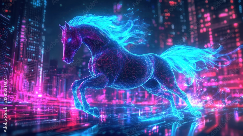 Cybernetic Equine: A neon horse gallops through a futuristic cityscape scene