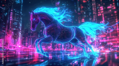 Obraz na płótnie Cybernetic Equine: A neon horse gallops through a futuristic cityscape scene w salonie