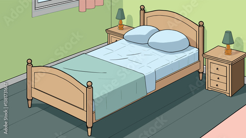 Cozy bedroom with wooden bed and nightstands in a soothing green room