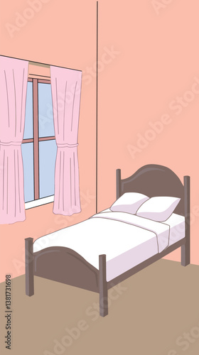 Cozy bedroom with bed by window and pink curtains in soft pastel colors