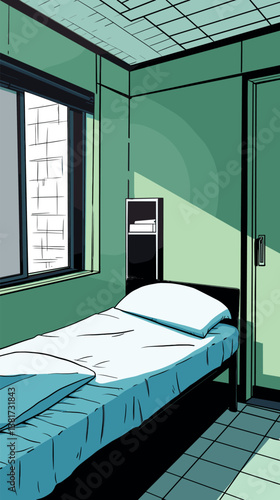 Minimalist green room with single bed and sunlight through window