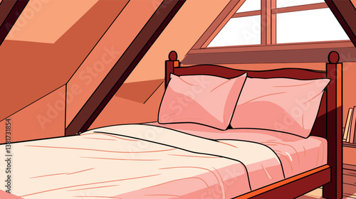Cozy attic bedroom with wooden bed and soft pink bedding in sunlit space
