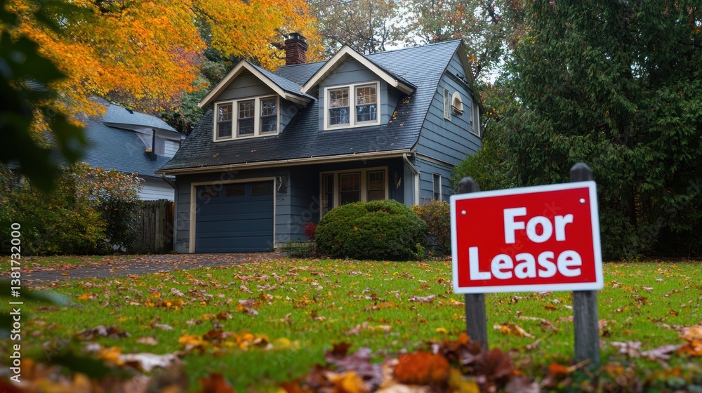 Charming suburban home with a for lease sign amidst autumn foliage scenery