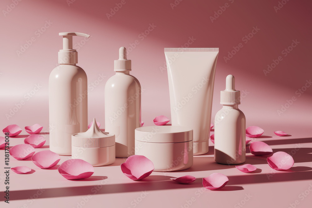 Elegant Skincare Collection Displayed Against Soft Pink Backdrop with Rose Petals Elegant Skincare Collection Displayed Against Soft Pink Backdrop with Rose Petals