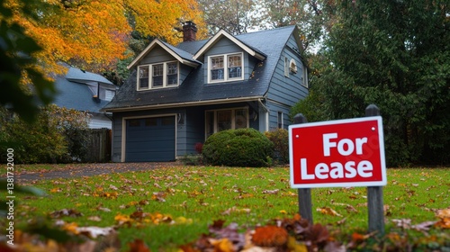 Obraz na płótnie Charming suburban home with a for lease sign amidst autumn foliage scenery w salonie