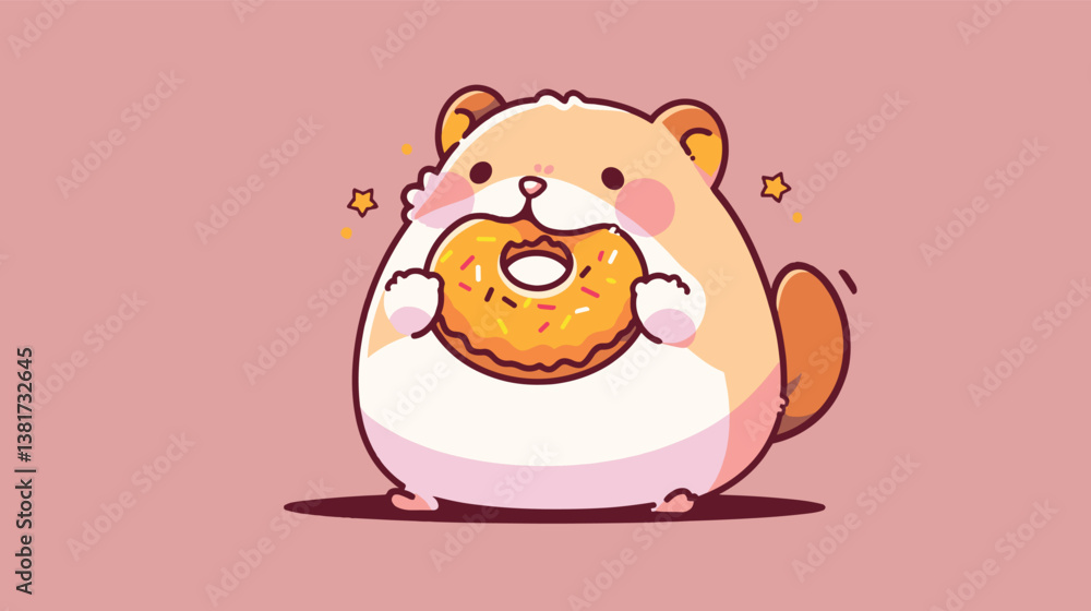 Fototapeta premium Cute cartoon hamster enjoys donut on pink background