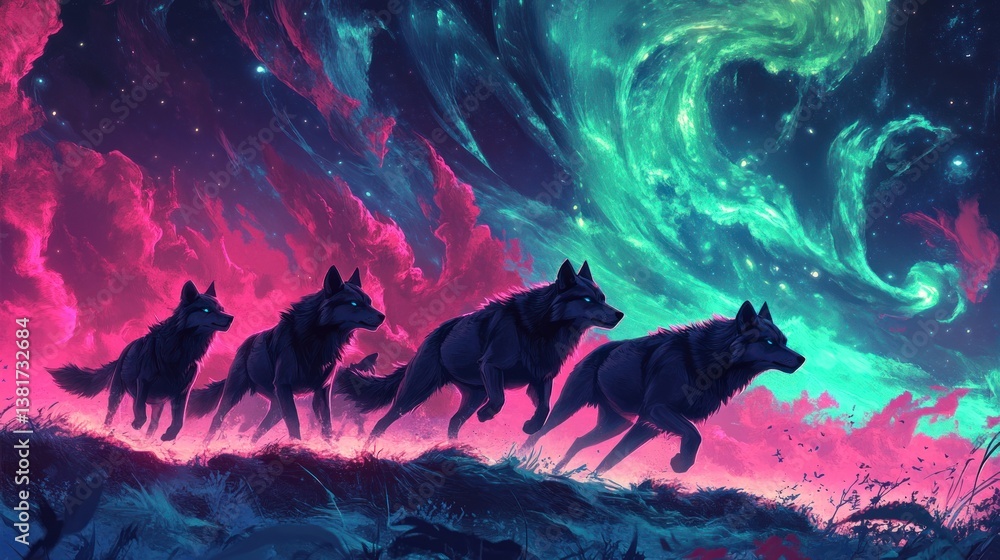 Neon wolves run under a celestial sky painted with vivid pink and turquoise hues