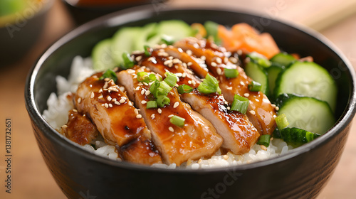 A traditional Japanese donburi bowl with teriyaki chicken rice and steamed vegetables.