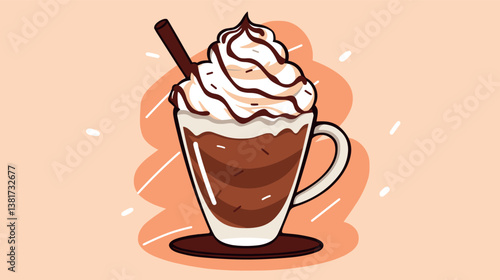 Delicious chocolate mocha with whipped cream and cinnamon stick in a glass mug