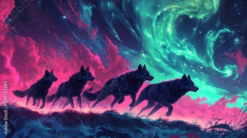 Neon wolves run under a celestial sky painted with vivid pink and turquoise hues