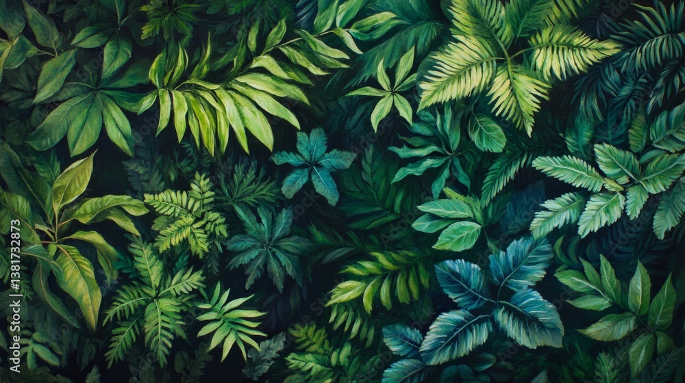 Vibrant jungle foliage with various shades of green, tropical leaves with great detail. generative ai Vibrant jungle foliage with various shades of green, tropical leaves with great detail. generative ai