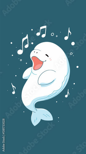 Cute cartoon beluga whale with musical notes on blue background