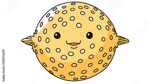 Cute cartoon yellow puffer fish with spots and smile on white background