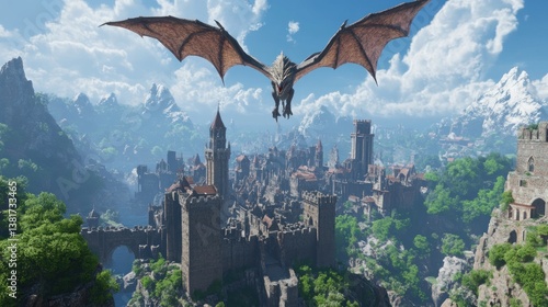 Majestic dragon soars above an ancient kingdom nestled within a scenic mountain landscape