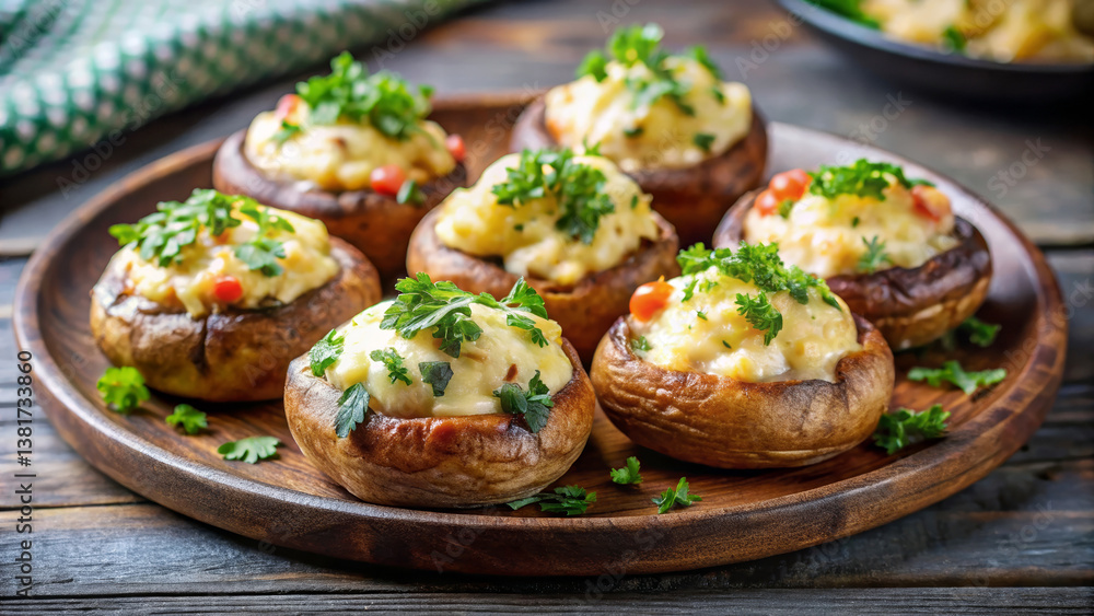Savory stuffed mushrooms topped with herbs on a wooden serving platter Savory stuffed mushrooms topped with herbs on a wooden serving platter