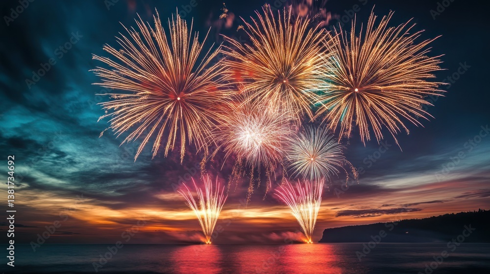 Spectacular pyrotechnics illuminate the tranquil twilight ocean scenery