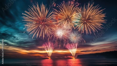 Obraz na płótnie Spectacular pyrotechnics illuminate the tranquil twilight ocean scenery w salonie