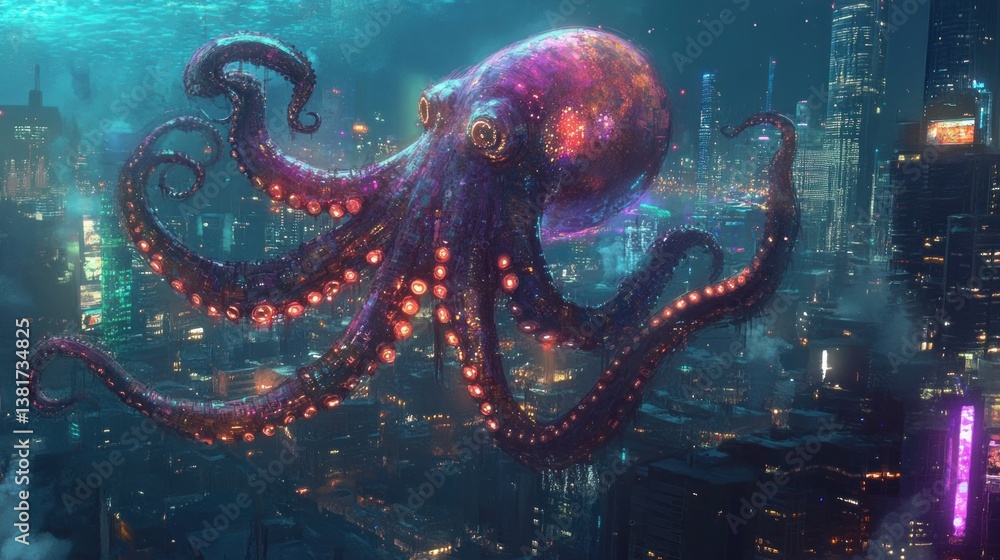 Futuristic underwater metropolis with a colossal bioluminescent octopus drifting through