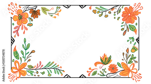 Colorful floral border with hand-drawn flowers and leaves on white background