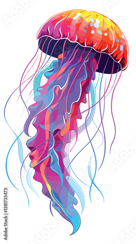 Colorful jellyfish with vibrant tentacles against white background