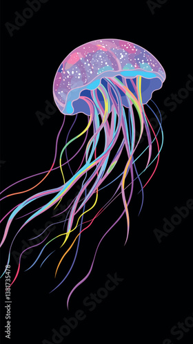 Vibrant rainbow jellyfish with colorful tentacles on black background