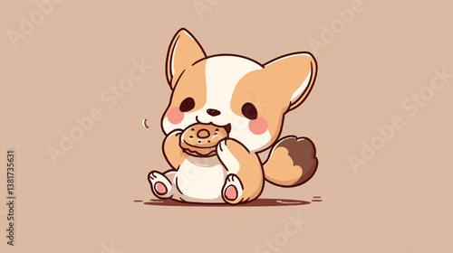 Cute cartoon corgi puppy eating donut on beige background