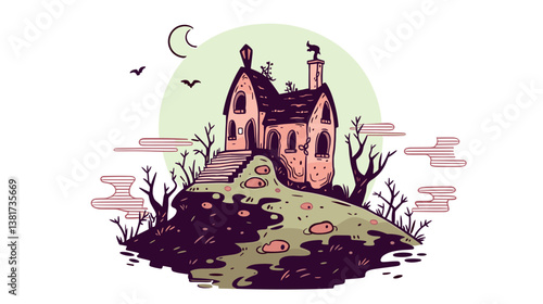 Spooky abandoned house on hill with bats and bare trees under crescent moon