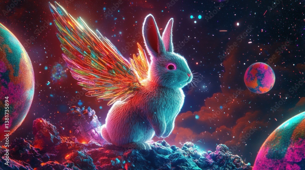 Winged cosmic bunny soaring through vivid celestial dreamscape illustration
