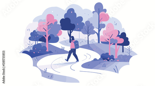 Illustrated minimalist landscape with person walking in pastel forest