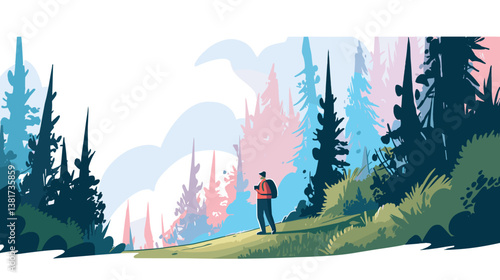 Young caucasian male hiker exploring scenic forest landscape with pastel skies