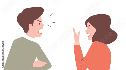 Cartoon illustration of angry couple arguing with hand gestures on white background