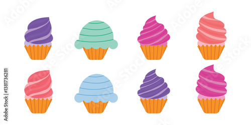 Set of cute colorful cupcakes illustration, Delicious muffins set,  Collections  different delicious cupcakes in white background.