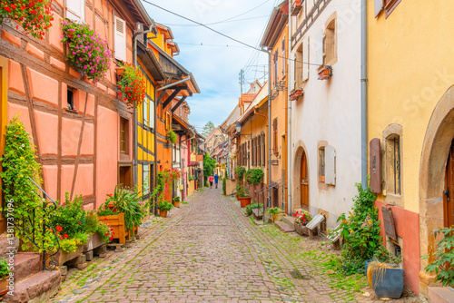 Fototapeta Naklejka Na Ścianę i Meble -  Colorful half-timbered buildings in a narrow cobblestone alley in the historic old town district of the touristic village of Eguisheim, France, in the Alsace region.	