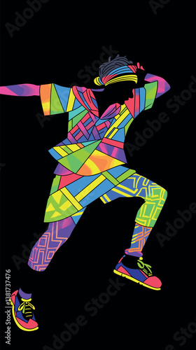Colorful silhouette of a dancing male in neon geometric outfit on black background