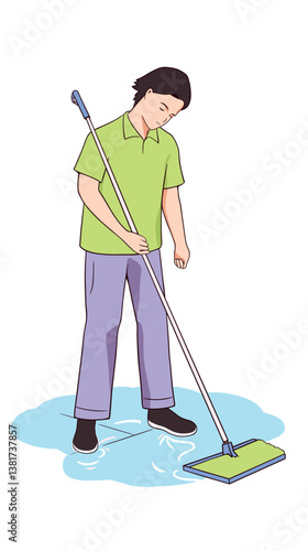 Young asian male mopping floor in casual outfit